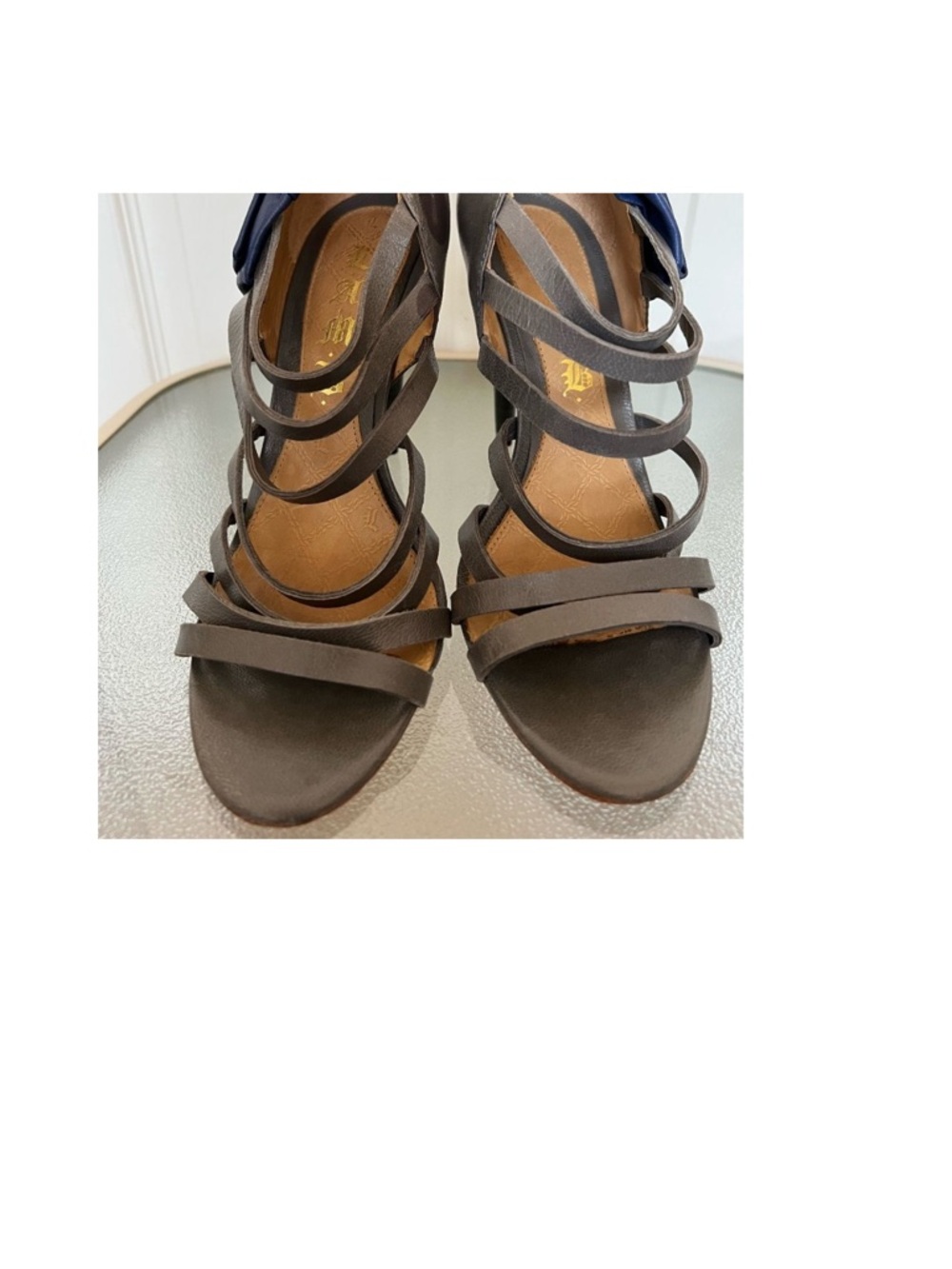 L.A.M.B. Gray Leather With Blue Flower Strappy Heels Size 8
